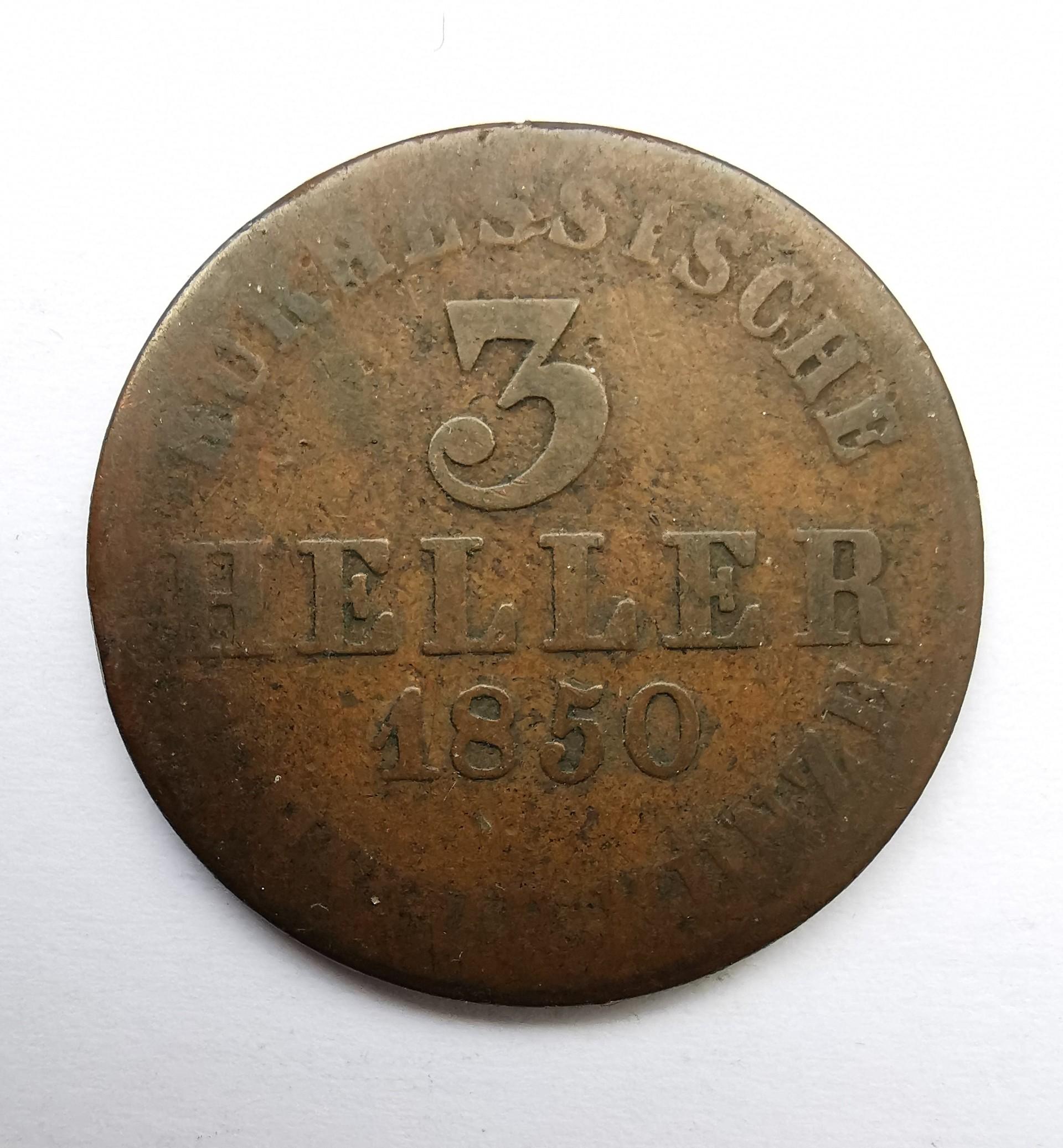 Vokietija Hesse-Cassel 3 heller 1850