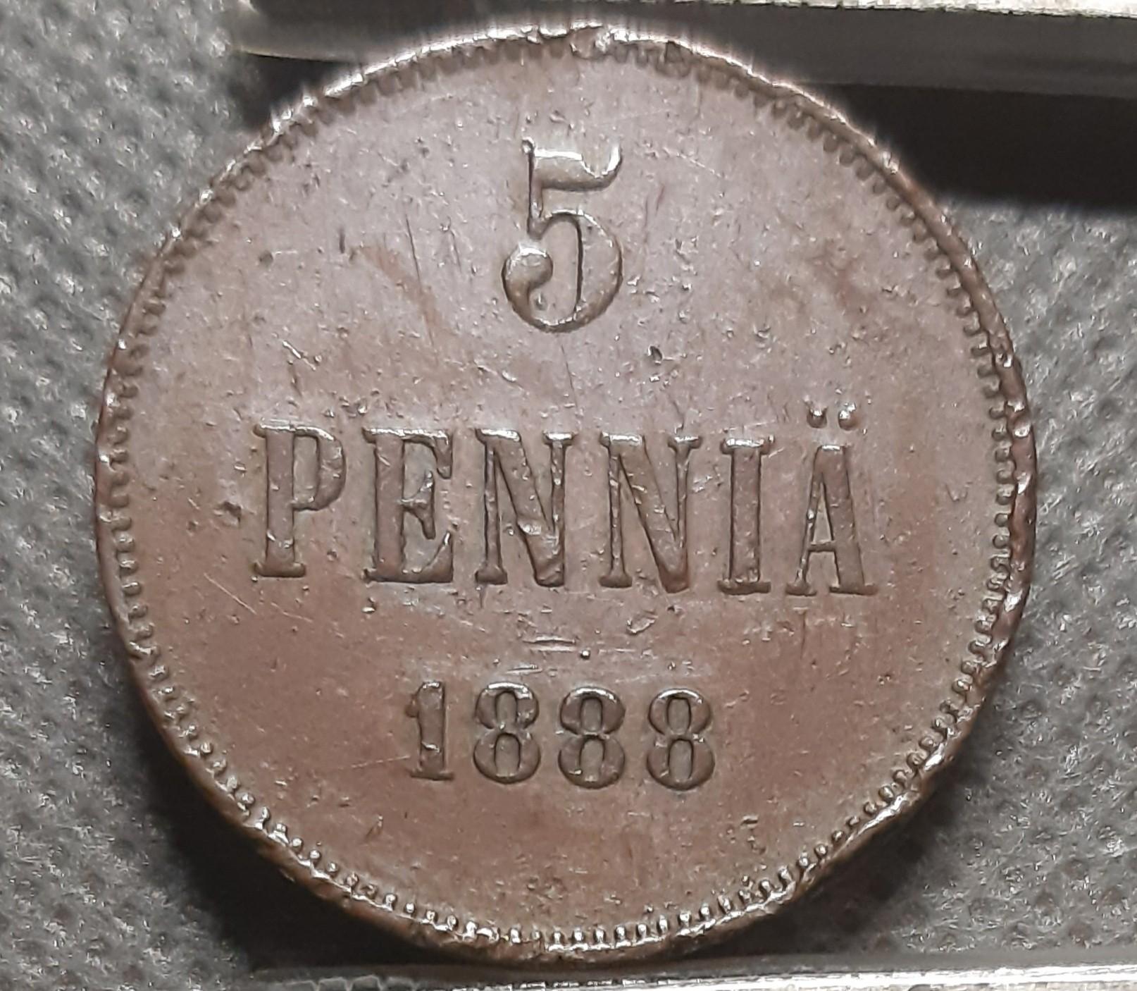 Suomija 5 Pensai 1888 KM#11 Varis (225)