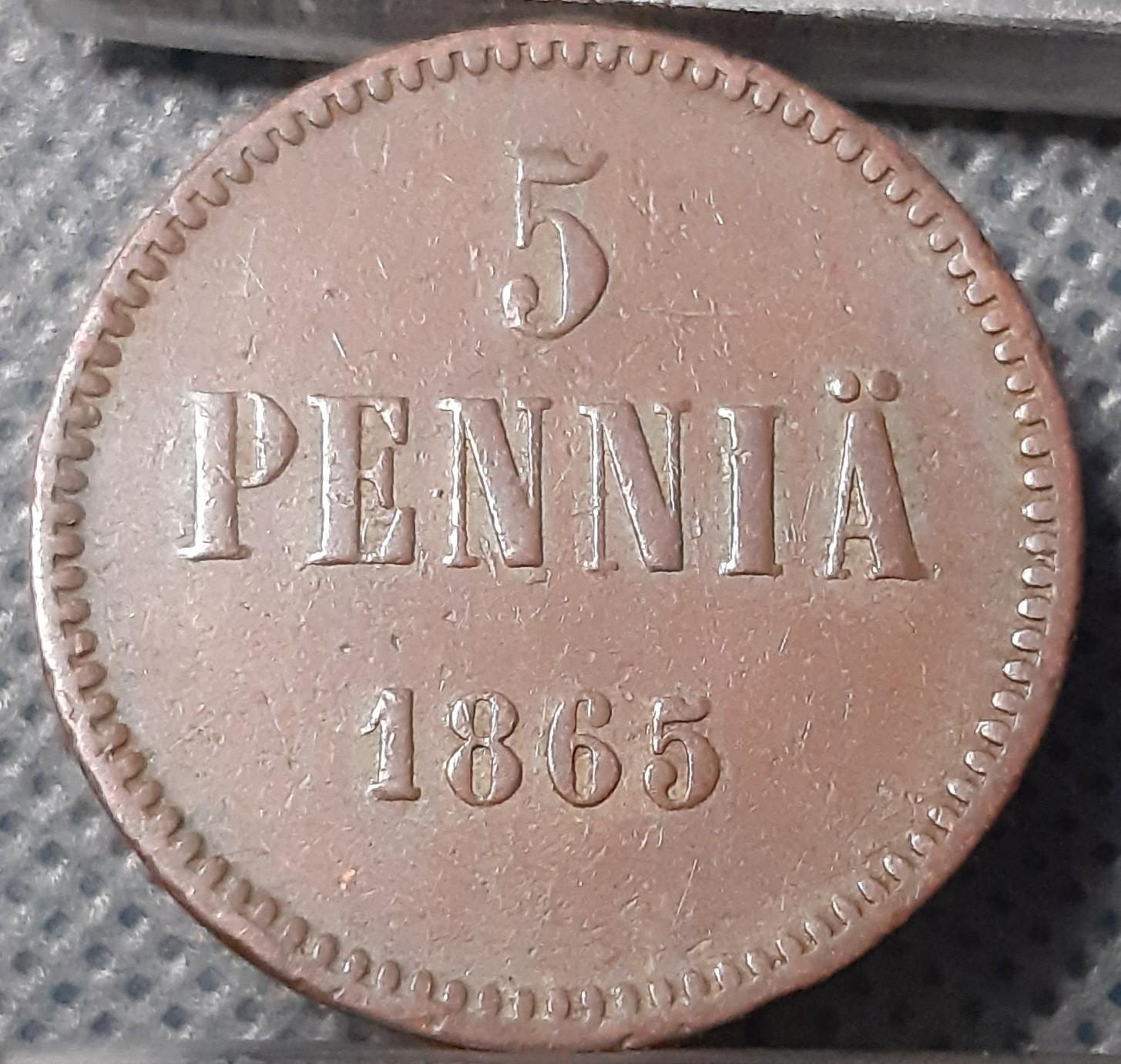 Suomija 5 Pensai 1865 KM#4.1 Varis (342)