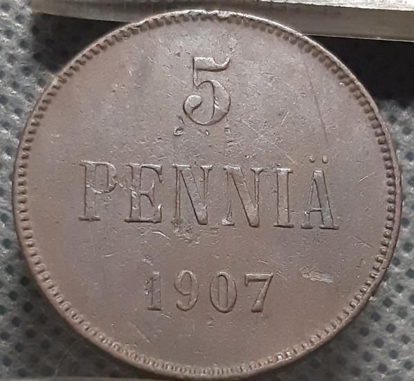 Suomija 5 Pensai 1907 KM#15 Varis (646)