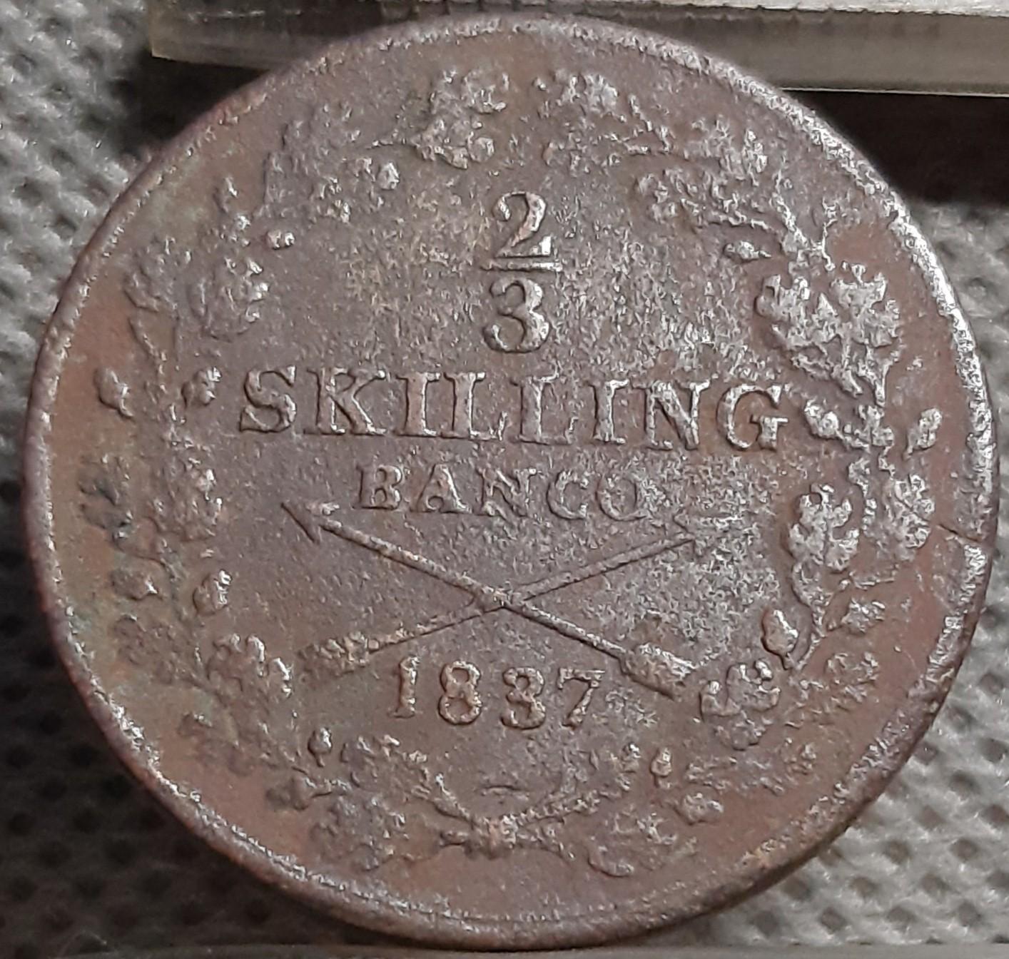 Švedija 2/3 Skilingo Banco 1837 KM#641 (784)