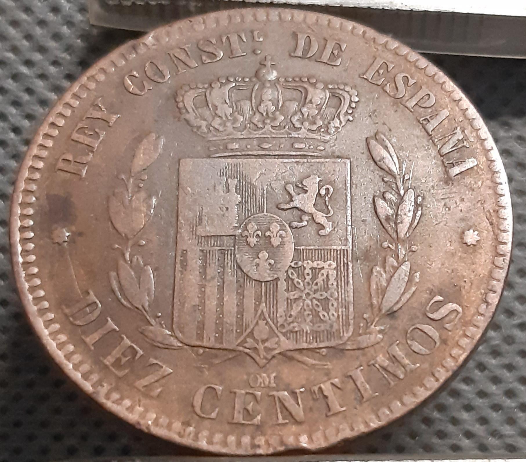 Ispanija 10 Sentimų 1878 KM#675 Bronza (809)