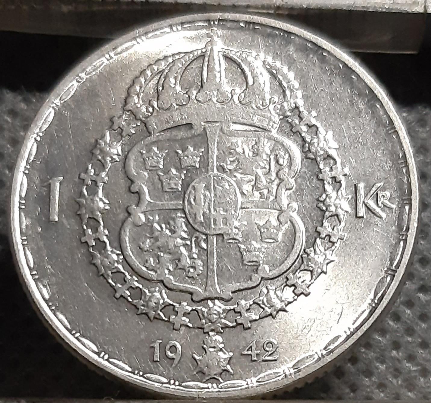 Švedija 1 Krona 1942 KM#814 Sidabras (982)