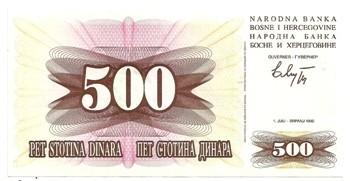 Bosnija ir Hercogovina. 500 dinarų ( 1992 ) UNC