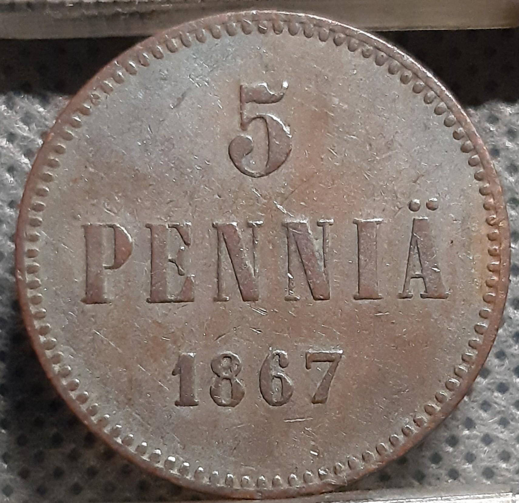 Suomija 5 Pensai 1867 KM#4.1 Varis (1161)