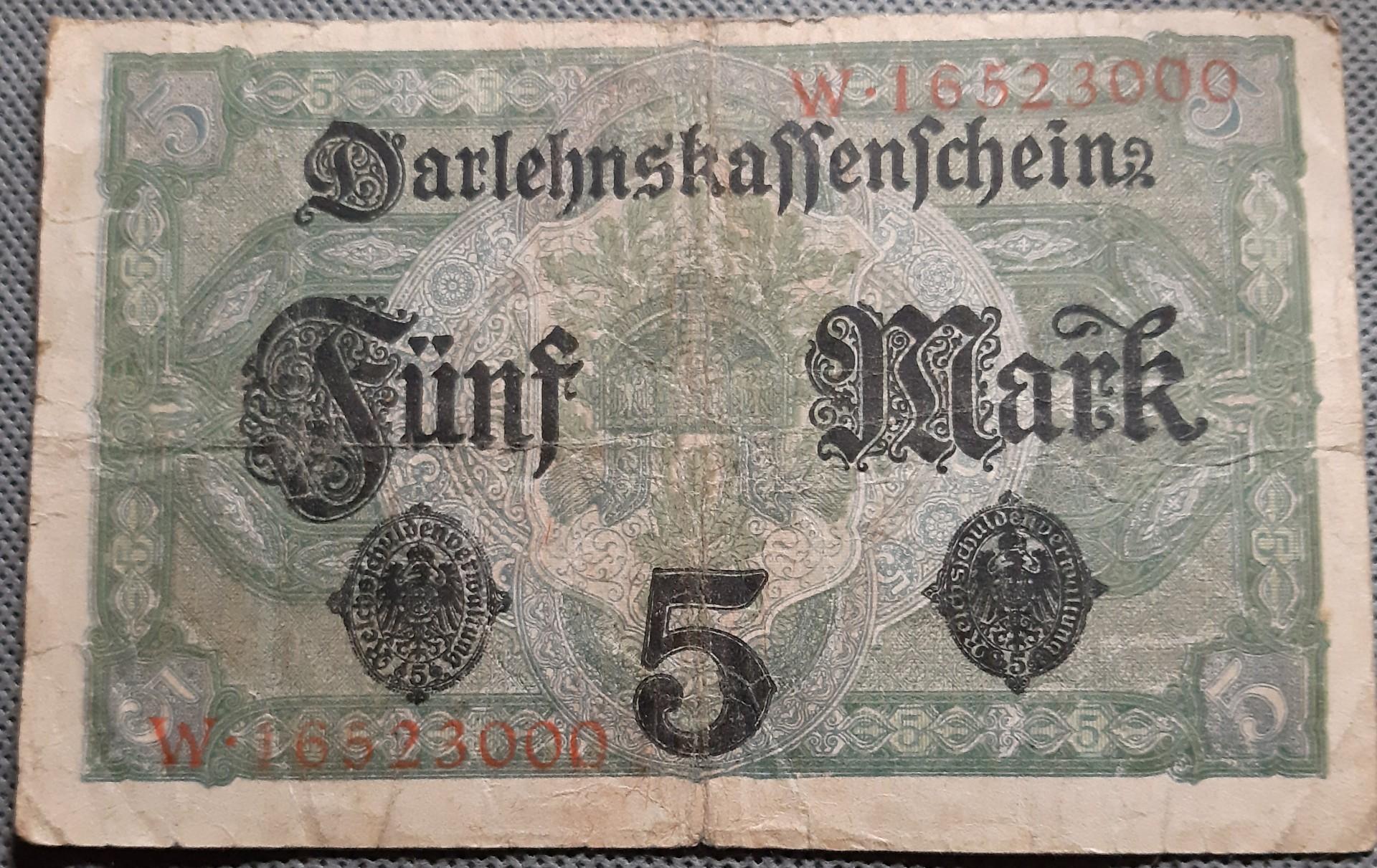 Vokietija 5 Markės Banknotas 1917 N#207554 (1216)