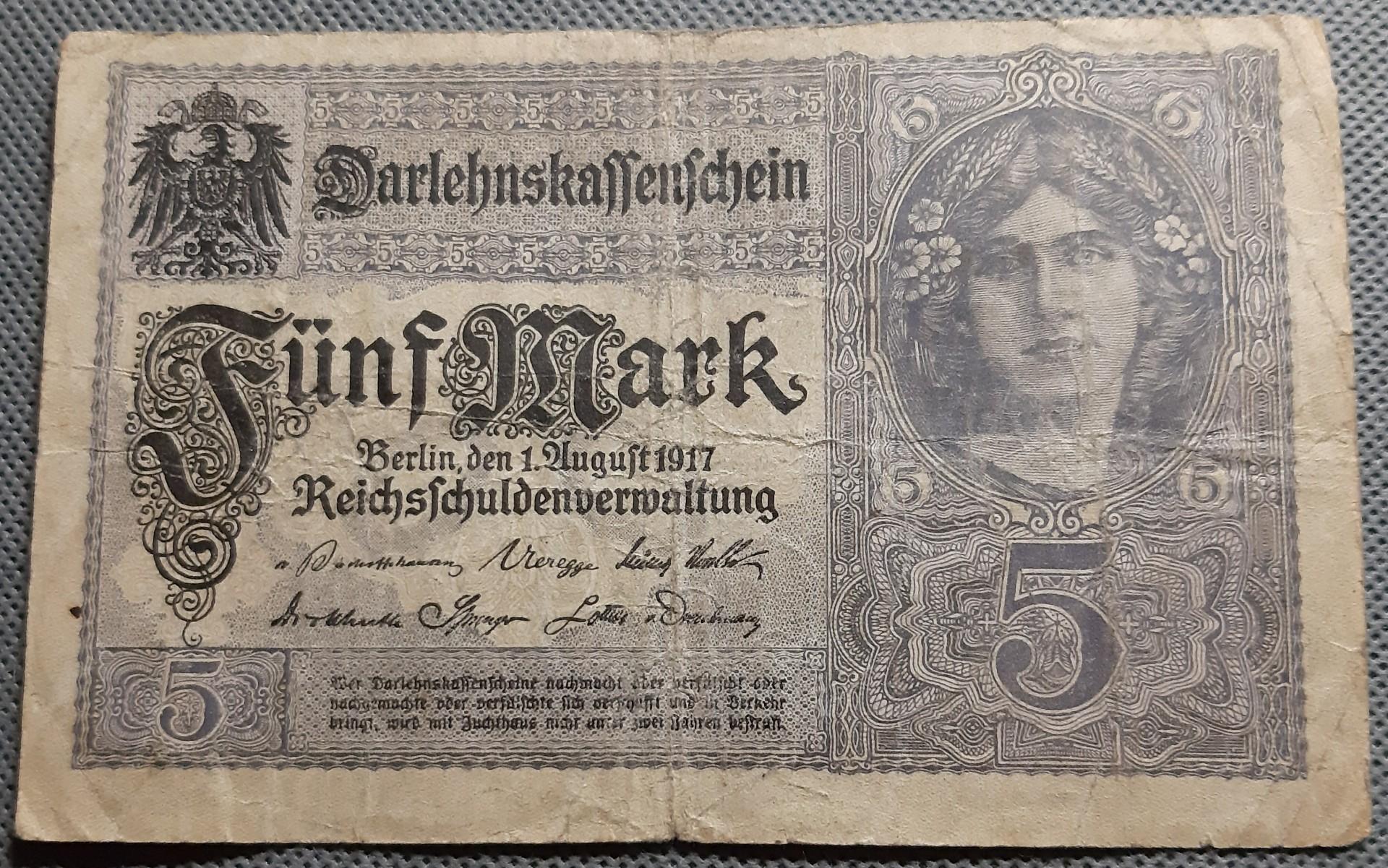 Vokietija 5 Markės Banknotas 1917 N#207554 (1216)