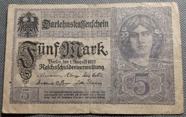 Vokietija 5 Markės Banknotas 1917 N#207554 (1216)