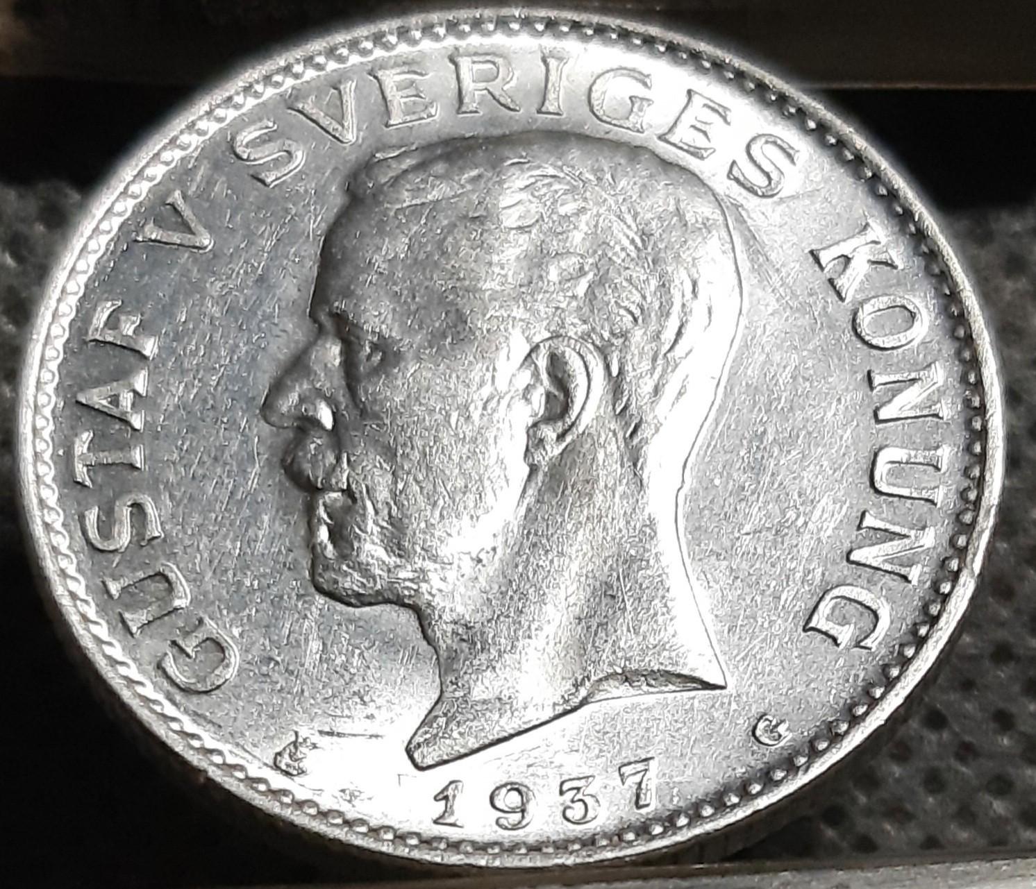 Švedija 1 Krona 1937 KM#786 Sidabras (1315)