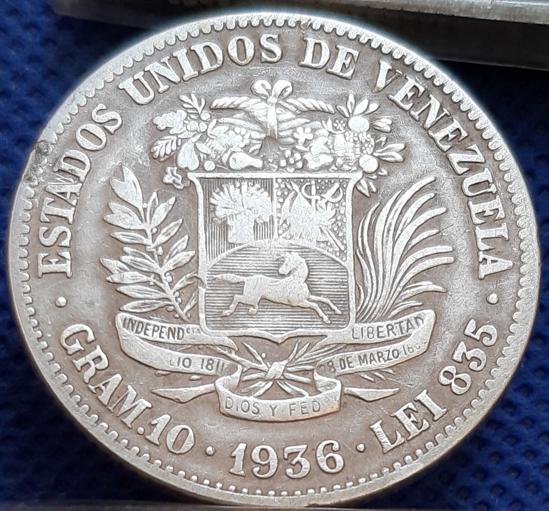 Venesuela 2 Bolivarai 1936 Y#23 Sidabras (1642)