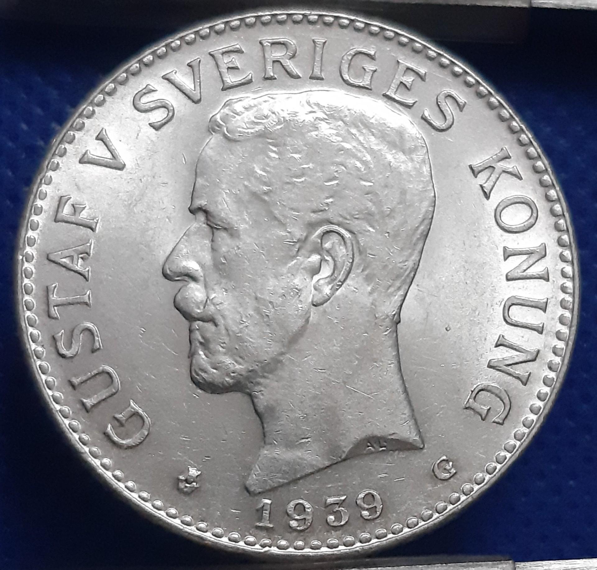 Švedija 2 Kronos 1939 KM#787 Sidabras (1785)