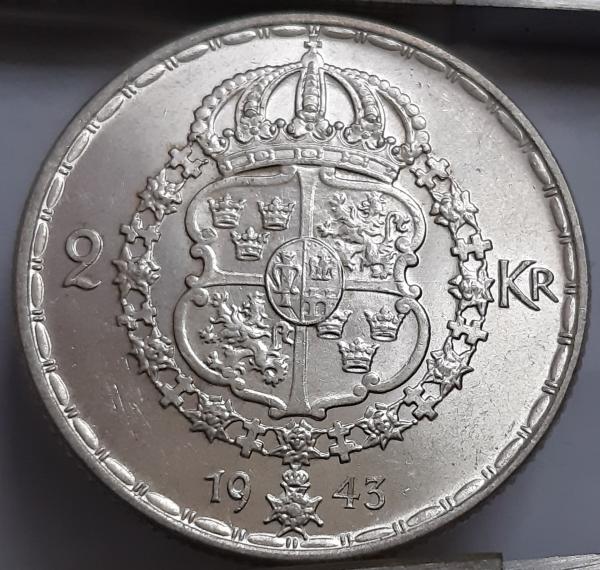 Švedija 2 Kronos 1943 KM#815 Sidabras (1880)