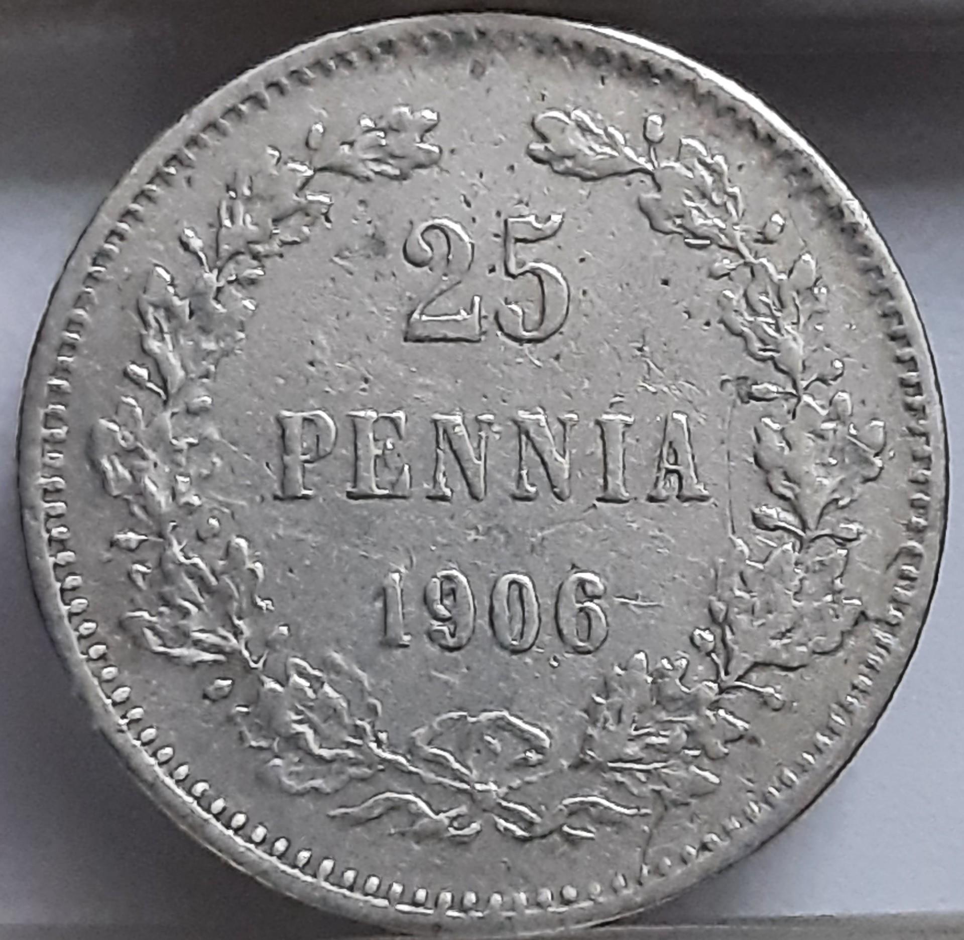 Suomija 25 Pensai 1906 KM#6.2 Sidabras (1890)