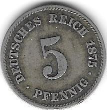 5 pfenigai, Vokietijos Imperija, 1875m. E