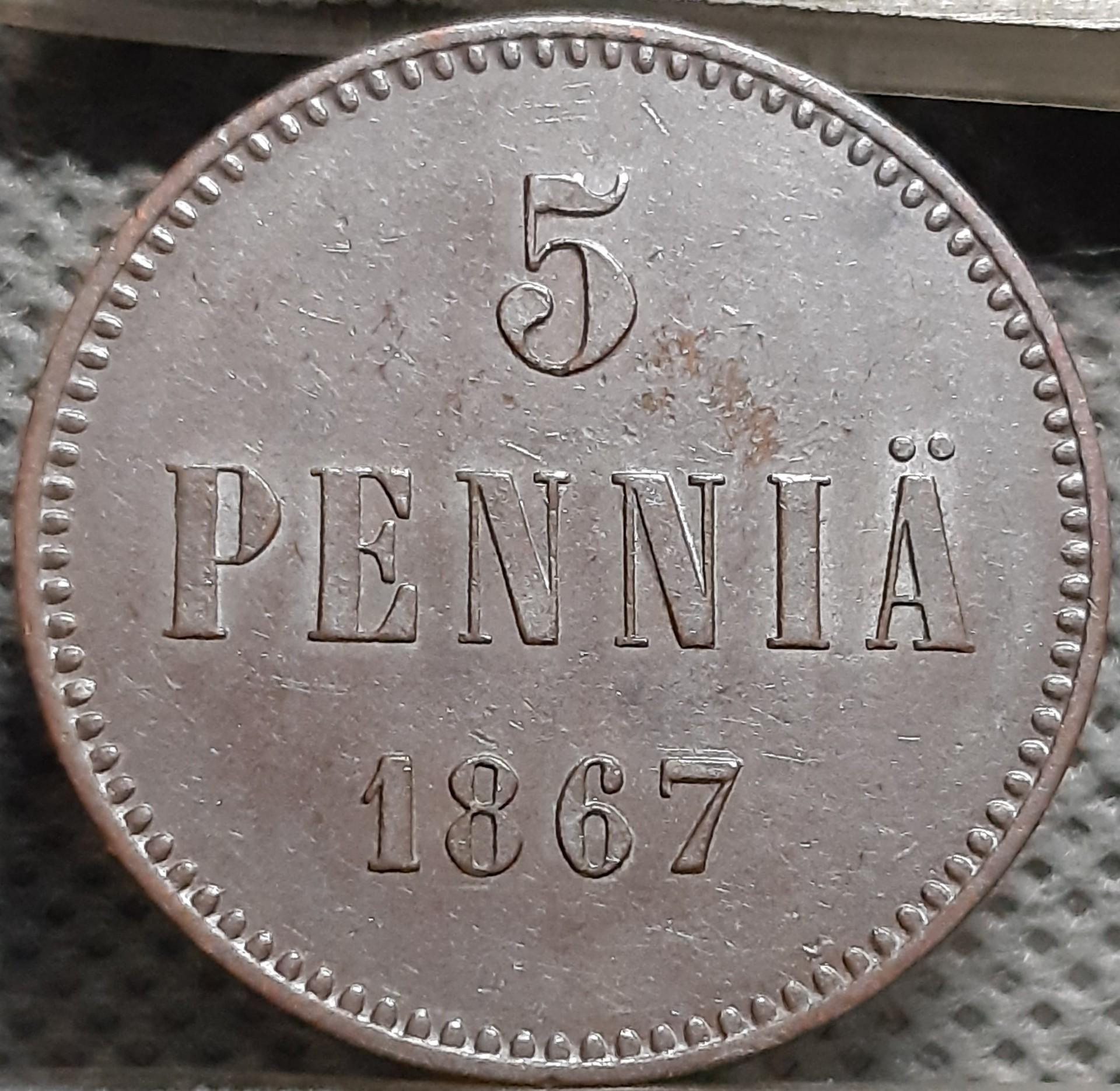 Suomija 5 Pensai 1867 KM#4.1 Varis (1929)