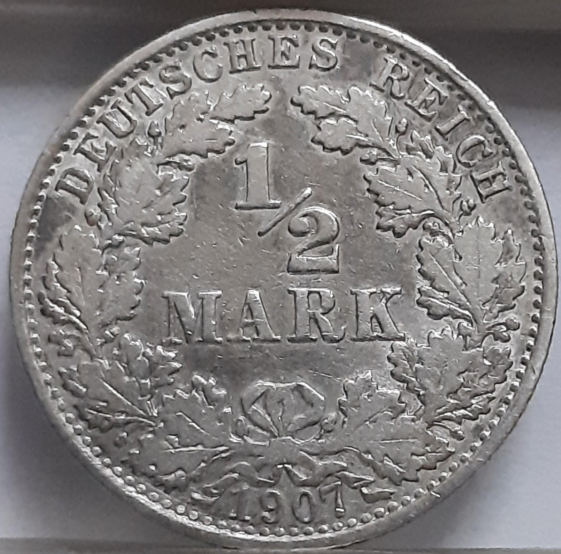 Vokietija ½ Markės 1907 A KM#17 Sidabras (1939)