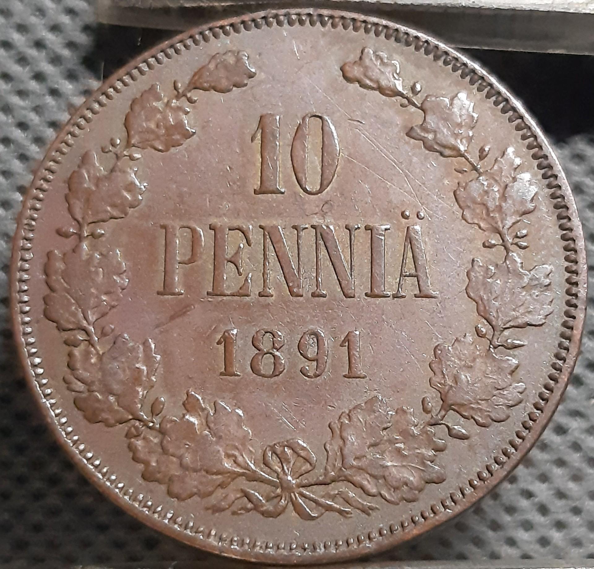 Suomija 10 Pensų 1891 KM#12 Varis (1968)