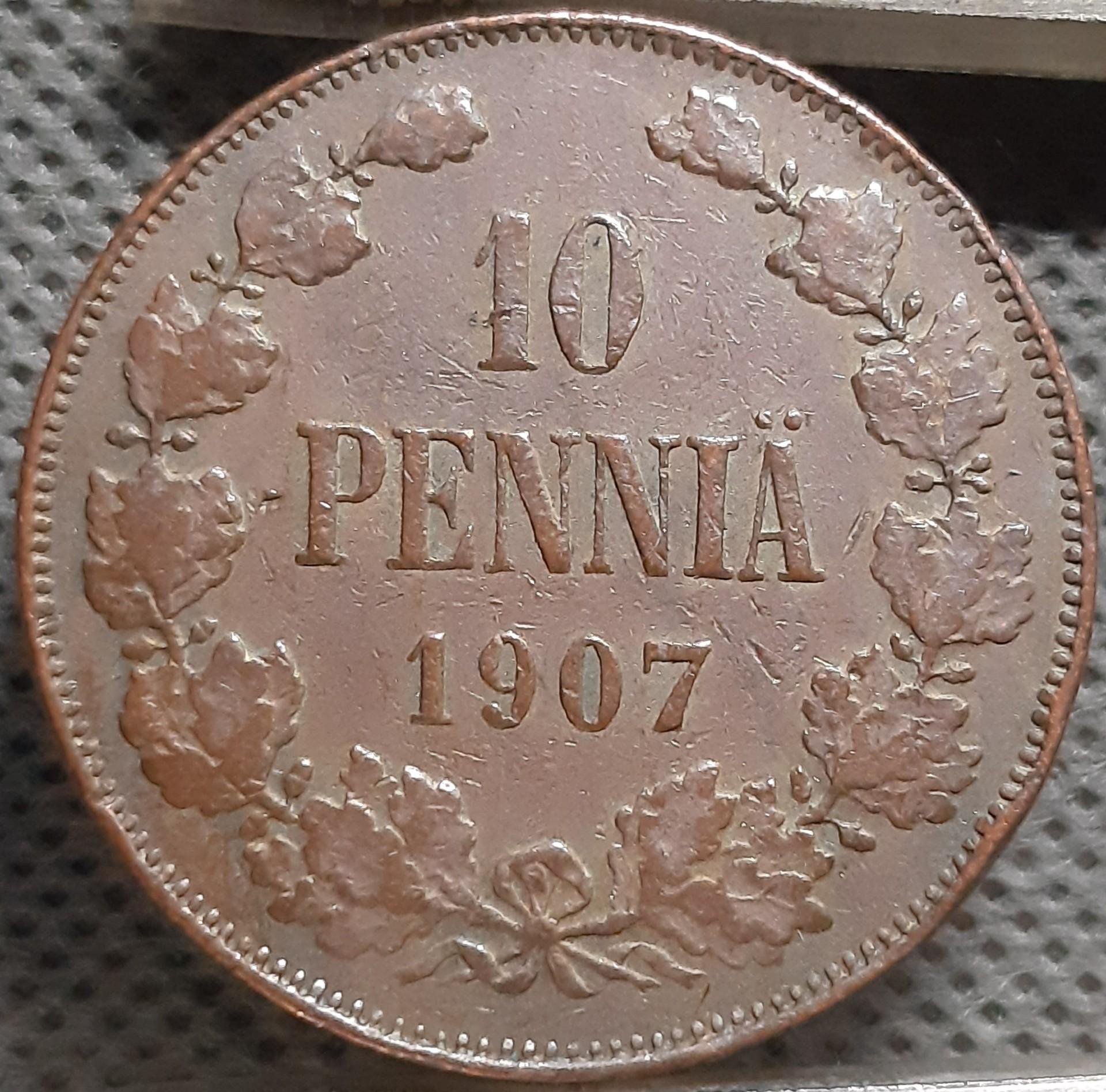 Suomija 10 Pensų 1907 KM#14 Varis (1971)