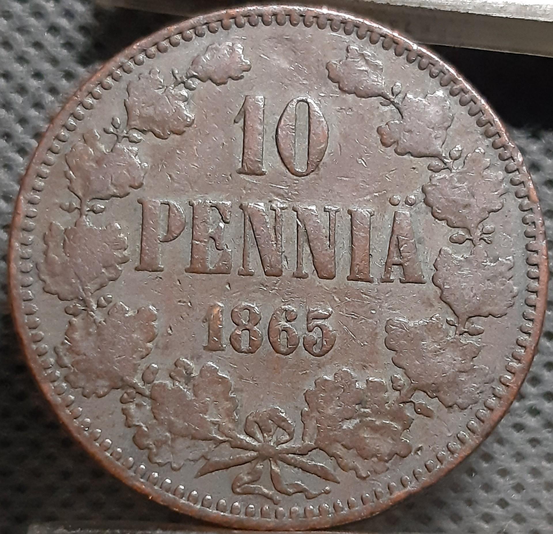 Suomija 10 Pensų 1865 	KM#5.1 Varis (1970)