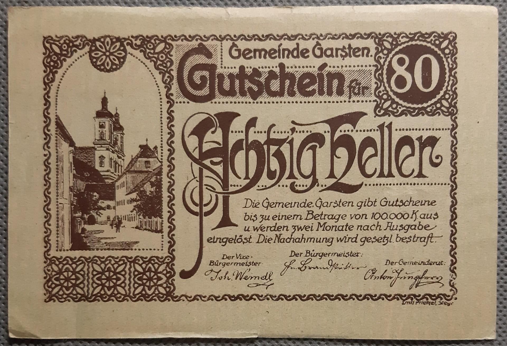 Austrija - Garsten 80 Helerių 1920 Banknotas (1981)