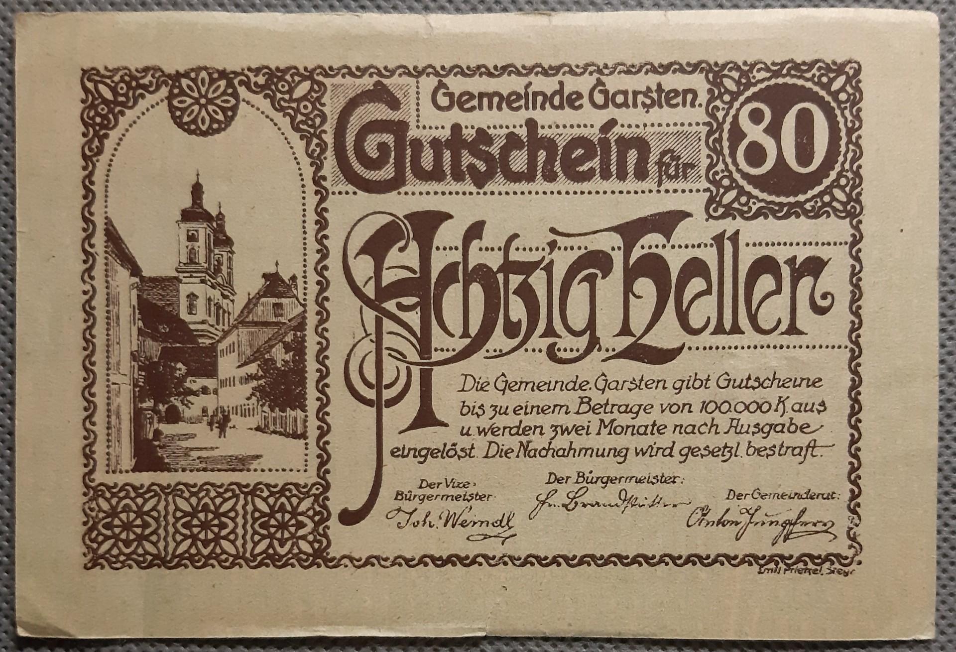 Austrija - Garsten 80 Helerių 1920 Banknotas (1981)