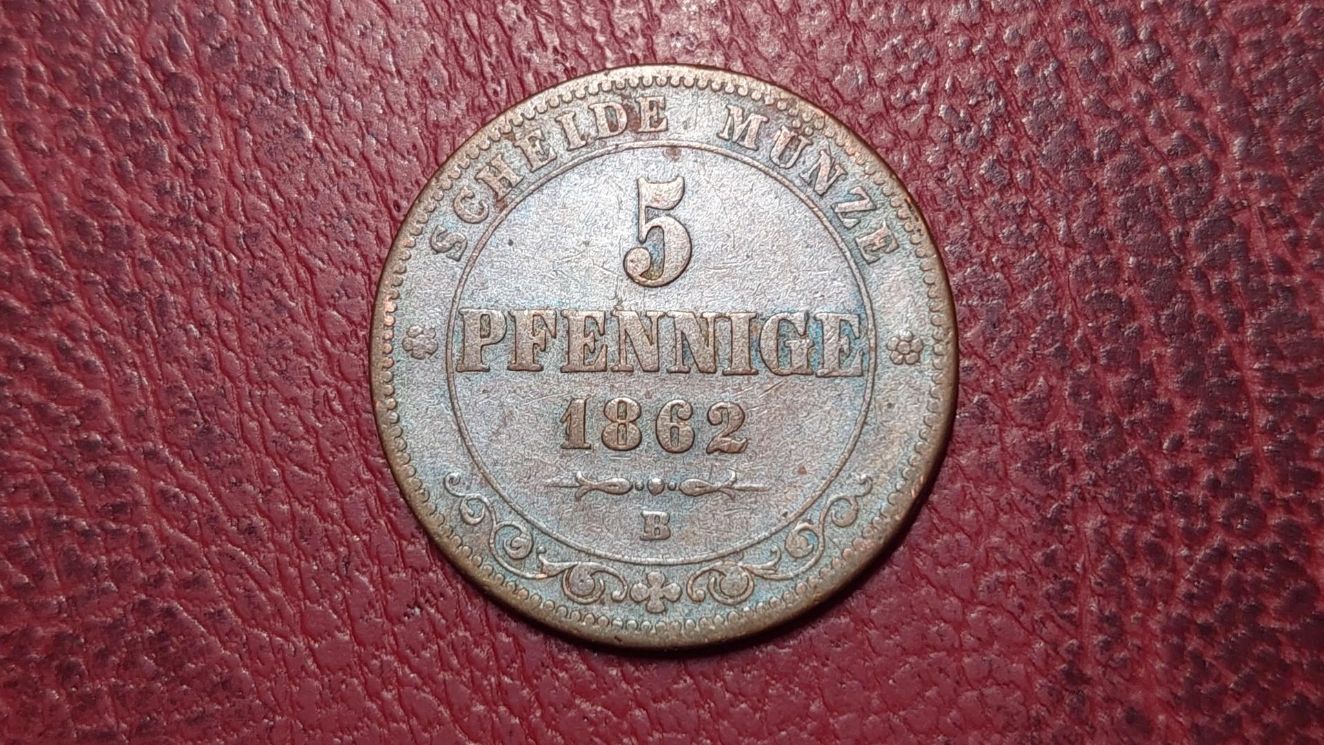 Saksonija 5 pfenigai, 1862 KM# 1218