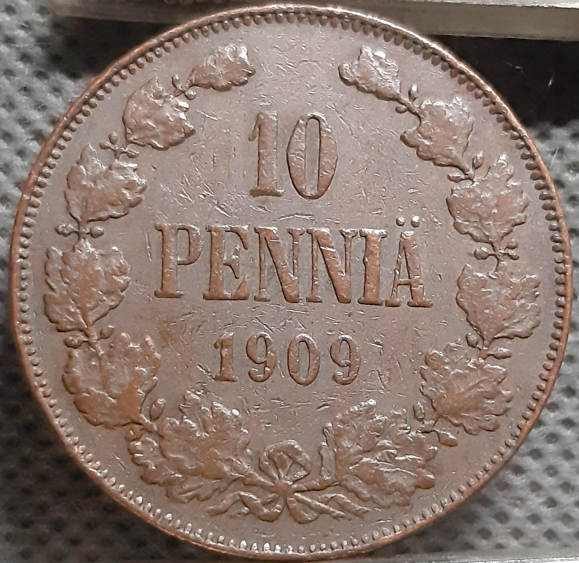 Suomija 10 Pensų 1909 KM#14 Varis (1974)