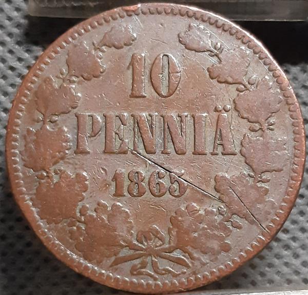 Suomija 10 Pensų 1865 KM#5.1 Varis (1988)