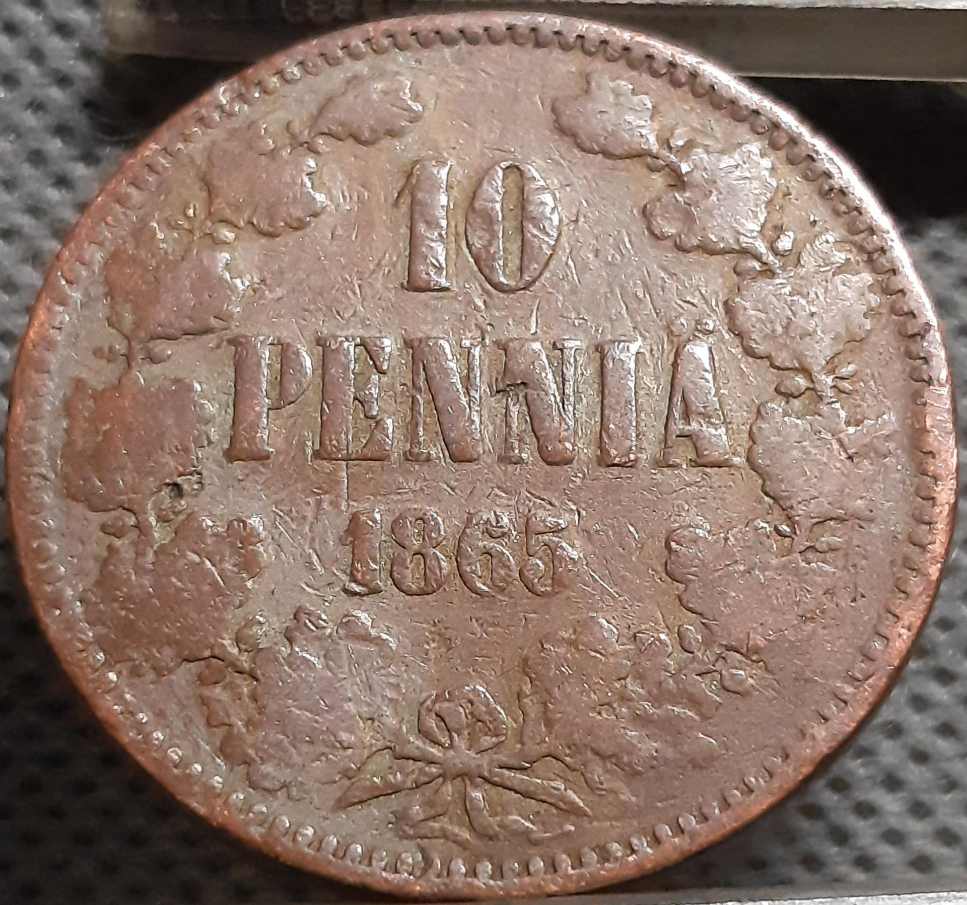 Suomija 10 Pensų 1865 KM#5.1 Varis (1992)