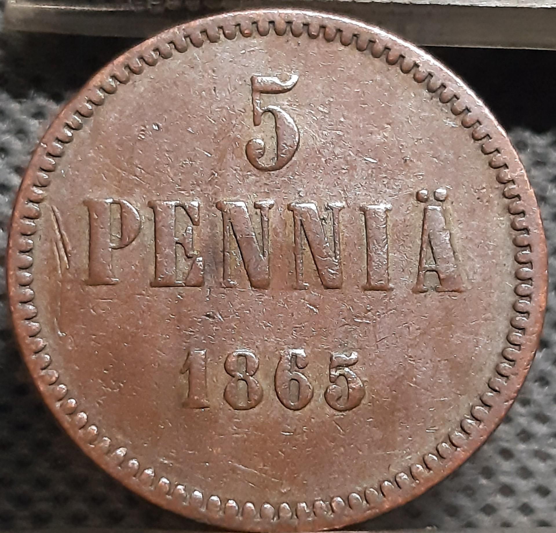 Suomija 5 Pensai 1865 KM#4.1 Varis (2131)