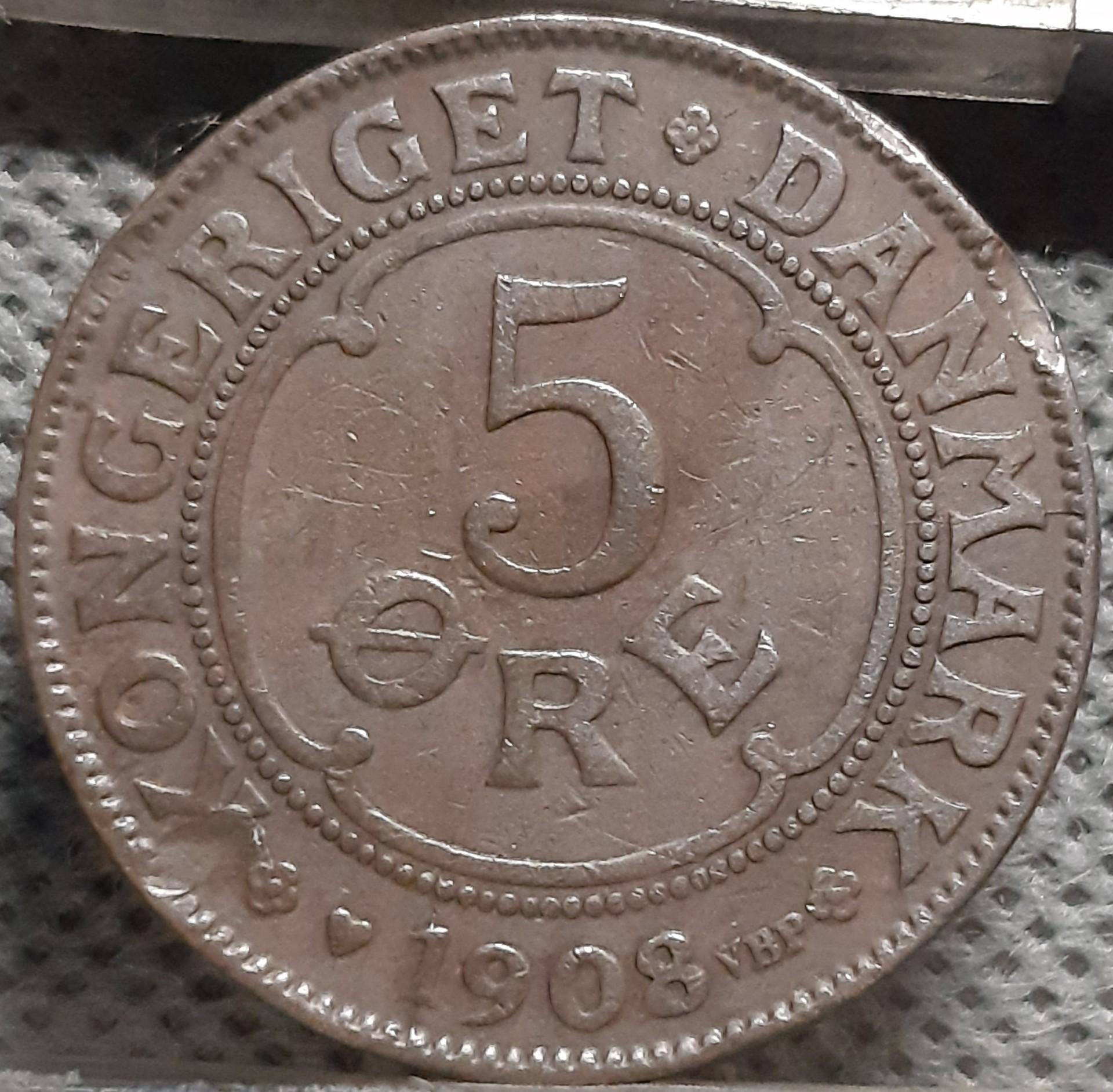 Danija 5 Erės 1908 KM#806 Bronza (2137)
