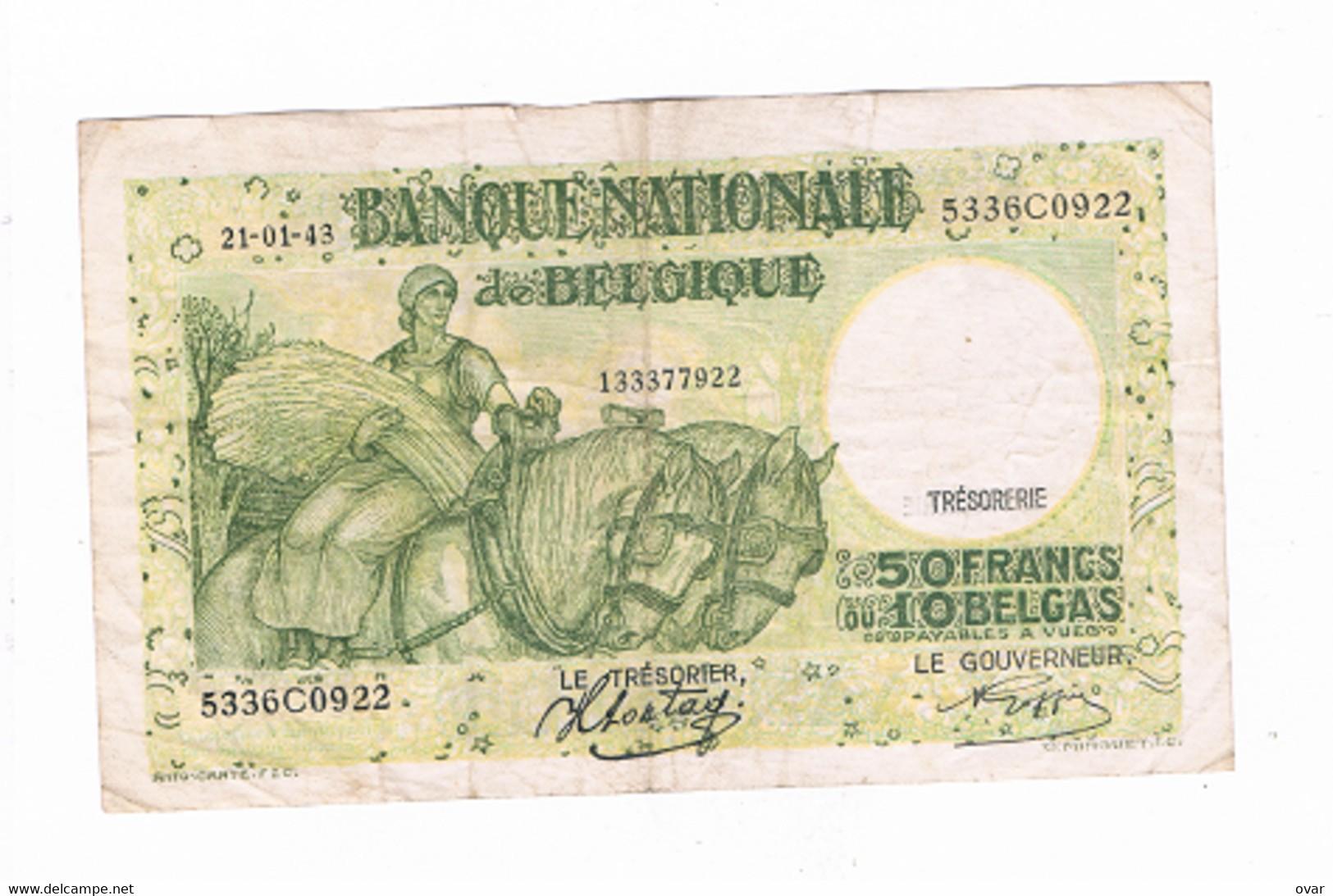 50 frankų Belgija, 1943m. Originalas.