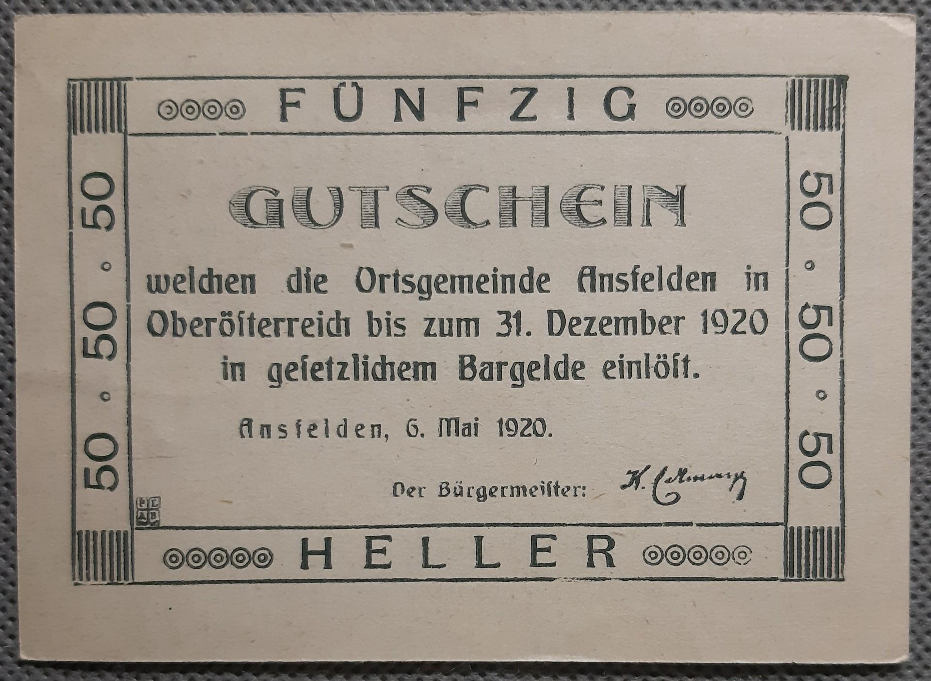 Austrija-Ansfelden 50 Heller 1920 N#205310 (2174)