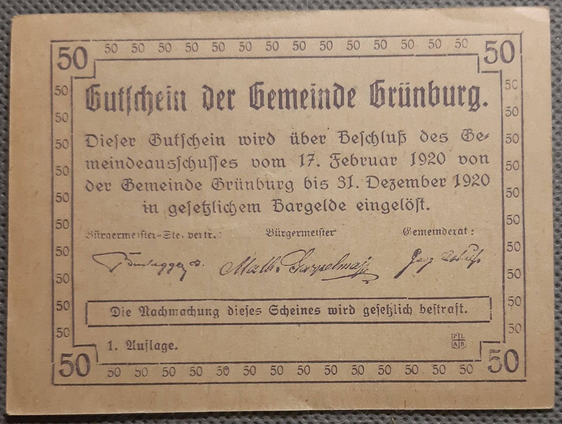 Austrija-Grünburg 50 Heller 1920 N#211234 (2175)