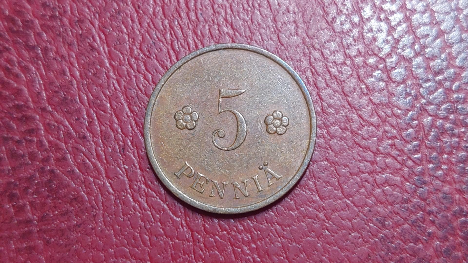 Suomija 5 pensai, 1938 KM# 22