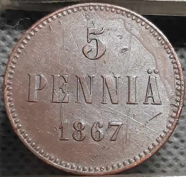 Suomija 5 Pensai 1867 KM#4.1 Varis (2420)