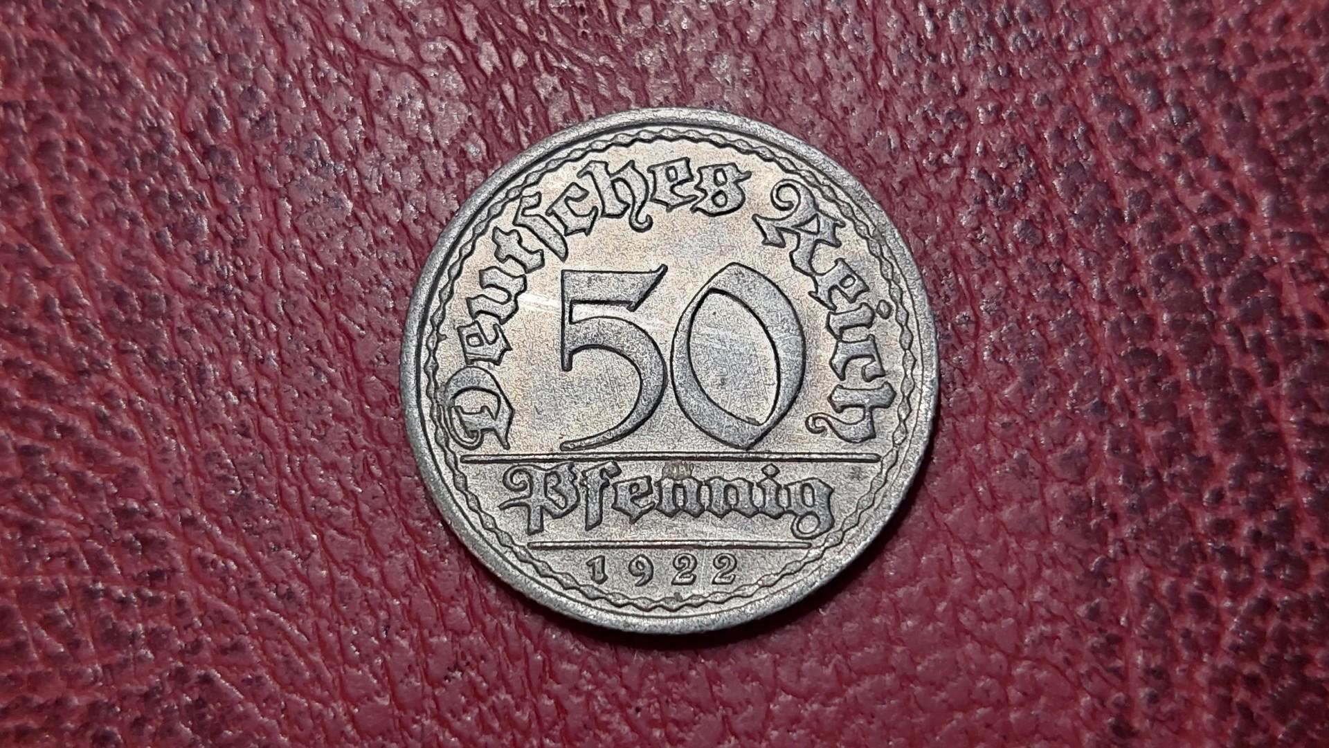 Vokietija 50 pfenigų, 1922F KM# 27