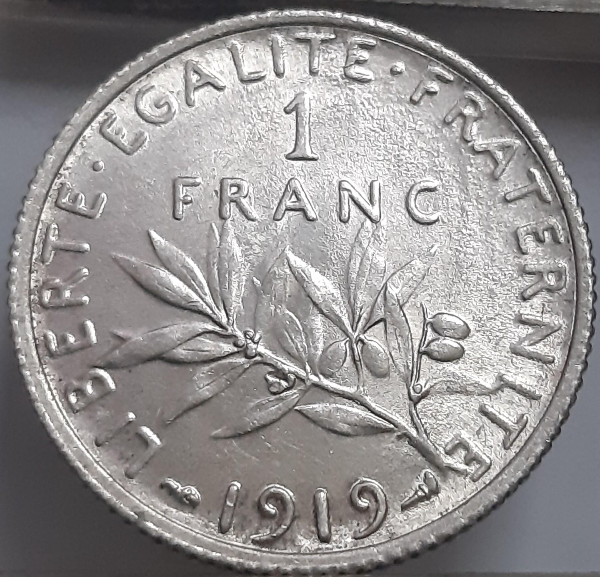 Prancūzija 1 Frankas 1919 KM#844 Sidabras (2517)