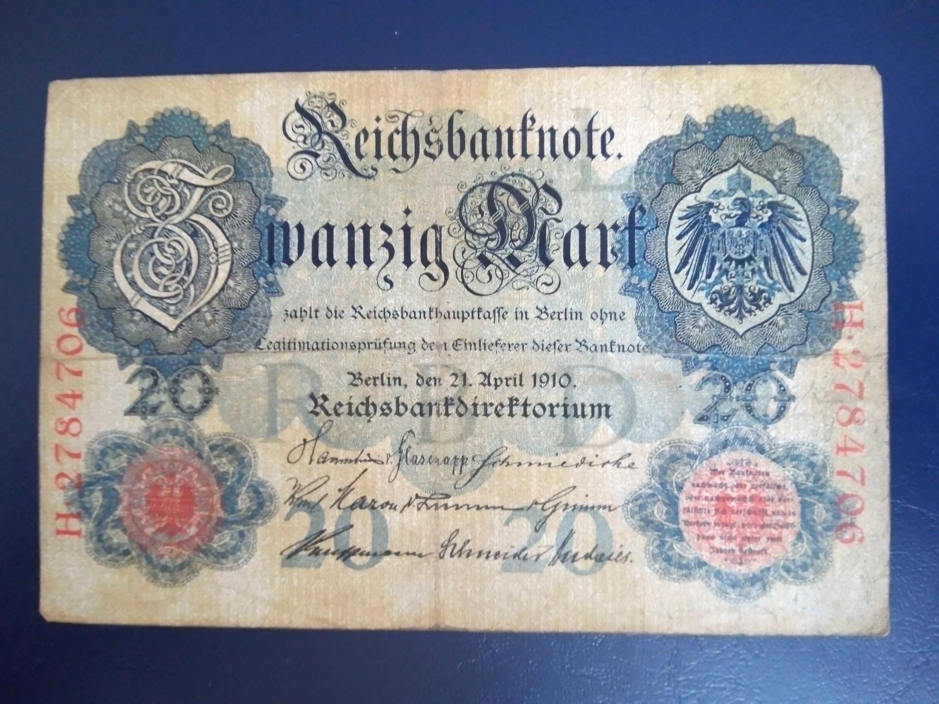 Reichsbanknote 20 Mark - Berlynas 1910m 