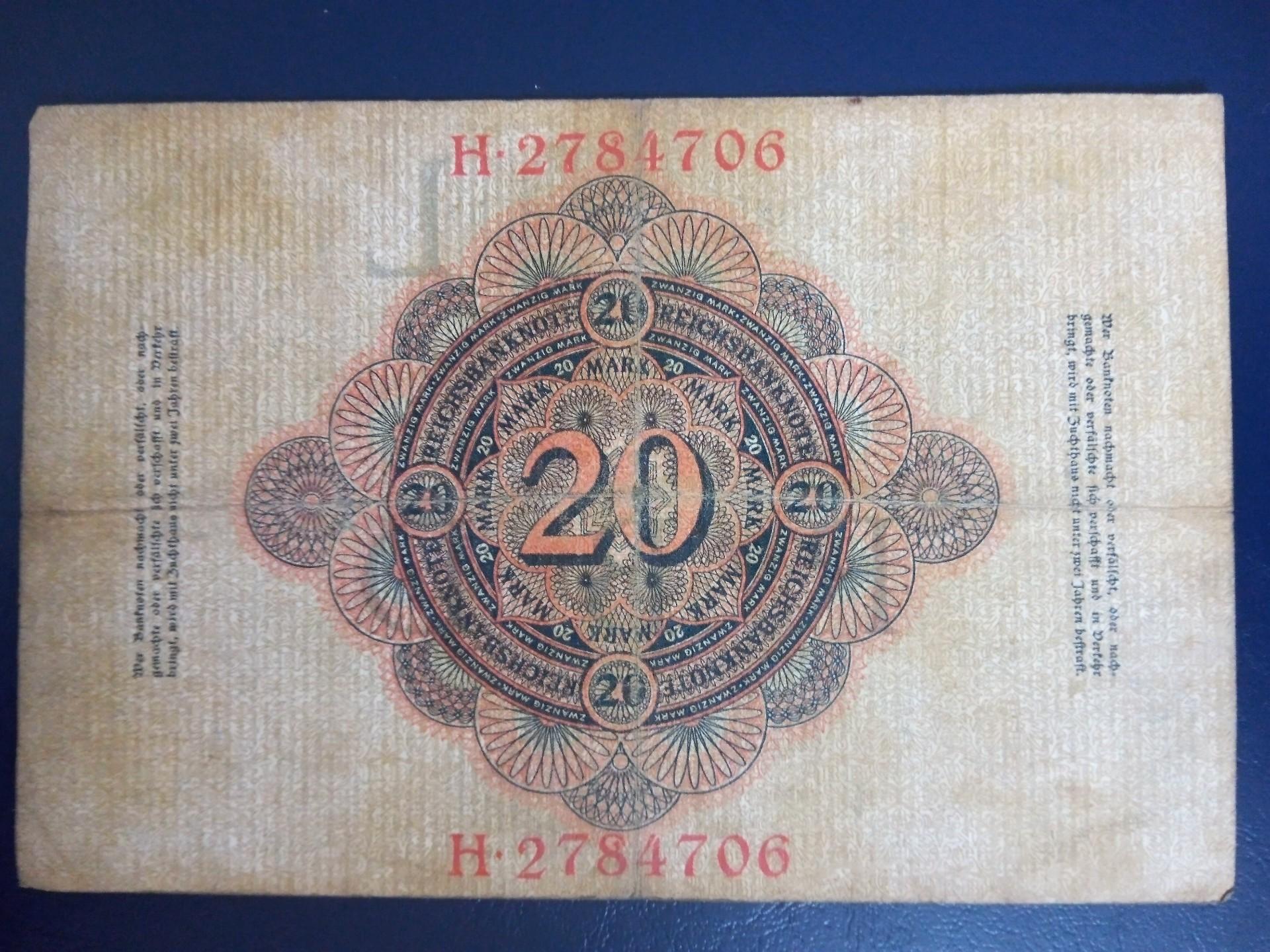 Reichsbanknote 20 Mark - Berlynas 1910m 