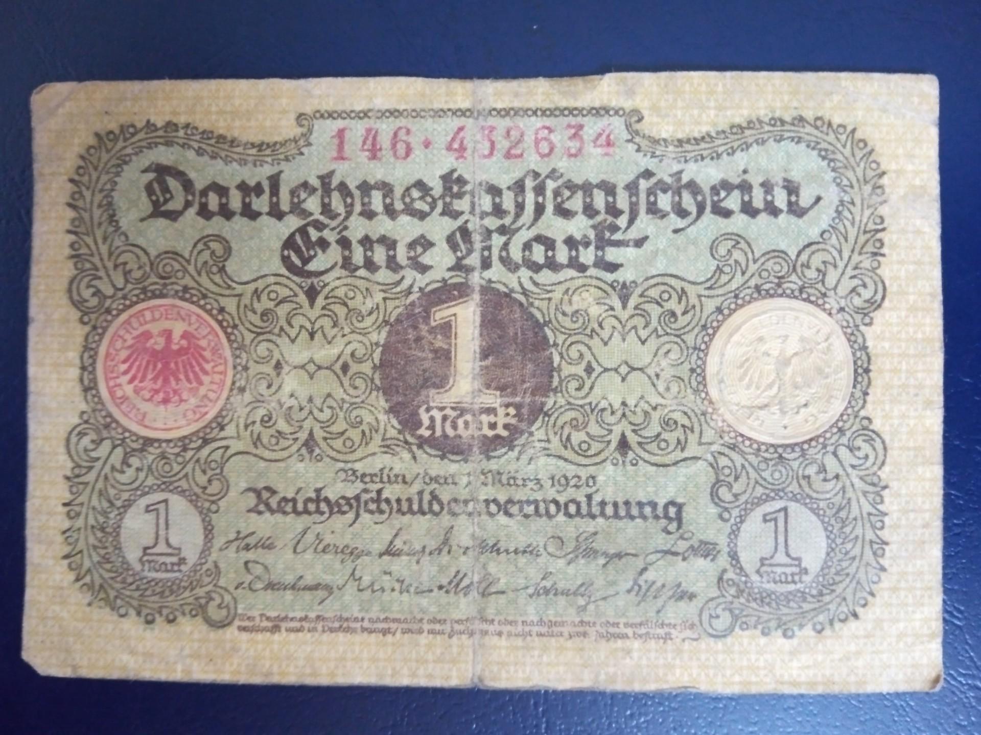 Vokietija Darlehnskassenscheine 1 Mark Berlyn 1920