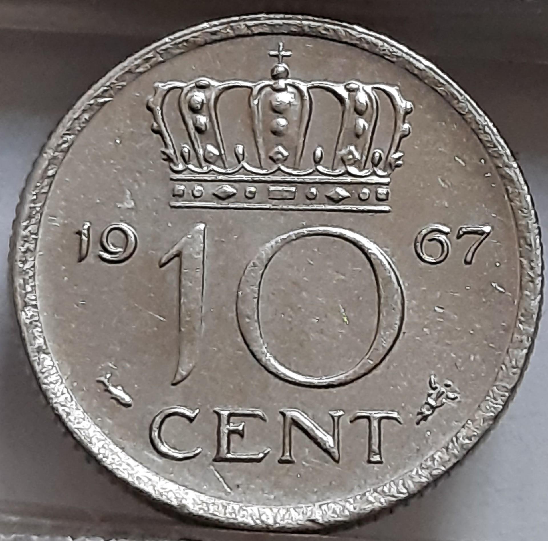 Nyderlandai 10 Centų 1967 KM#182 Nikelis (2720)