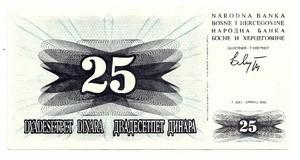 Bosnija ir Hercogovina. 25 dinarai ( 1992 ) UNC