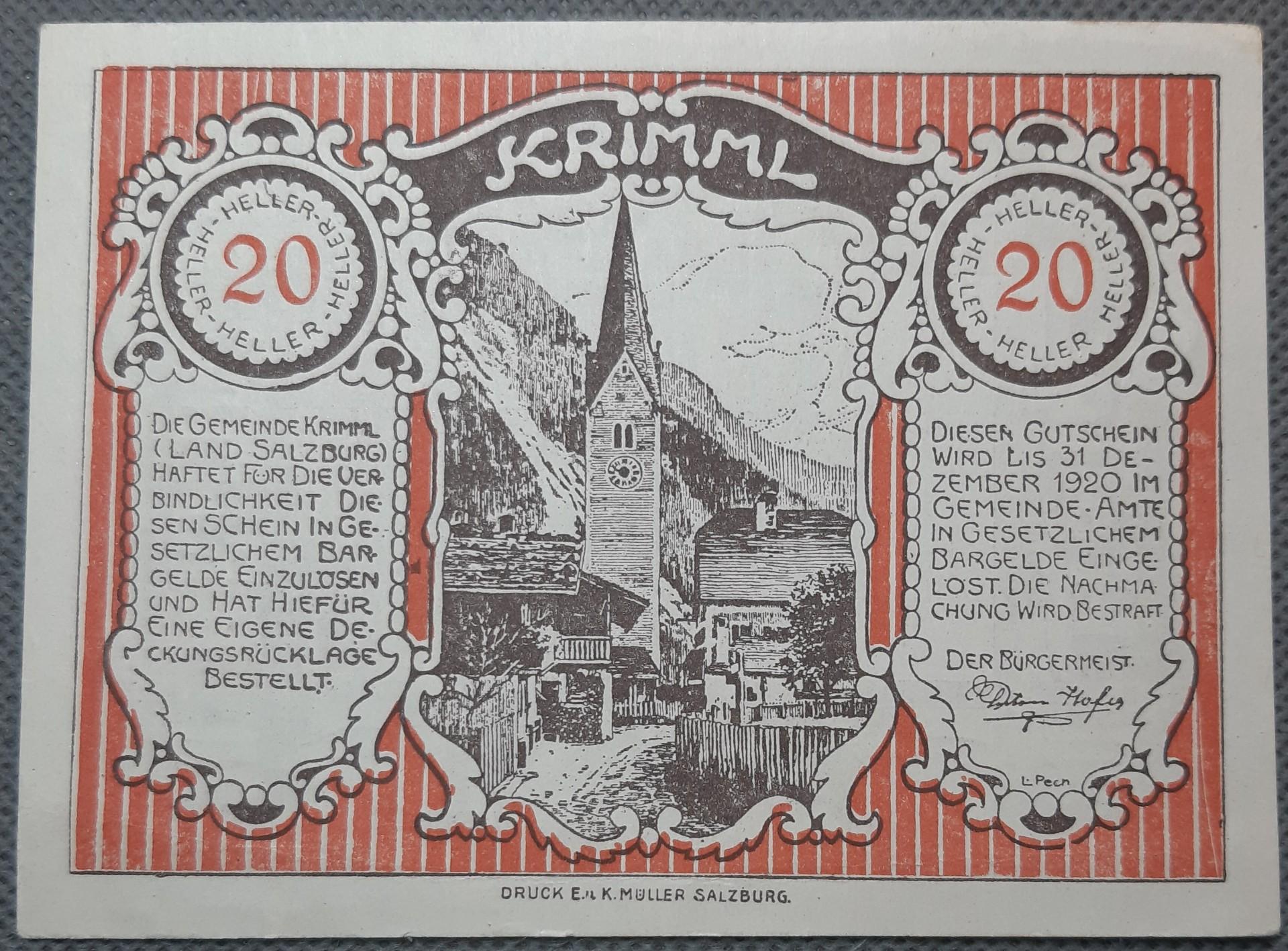 Austrija 20 Helerių 1920 N#220189 NOTGELD (2902)