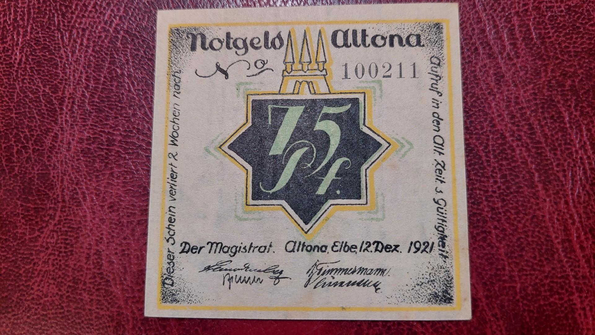 75 Pfennig 1921.12.12 Altona Notgeld Vokietija