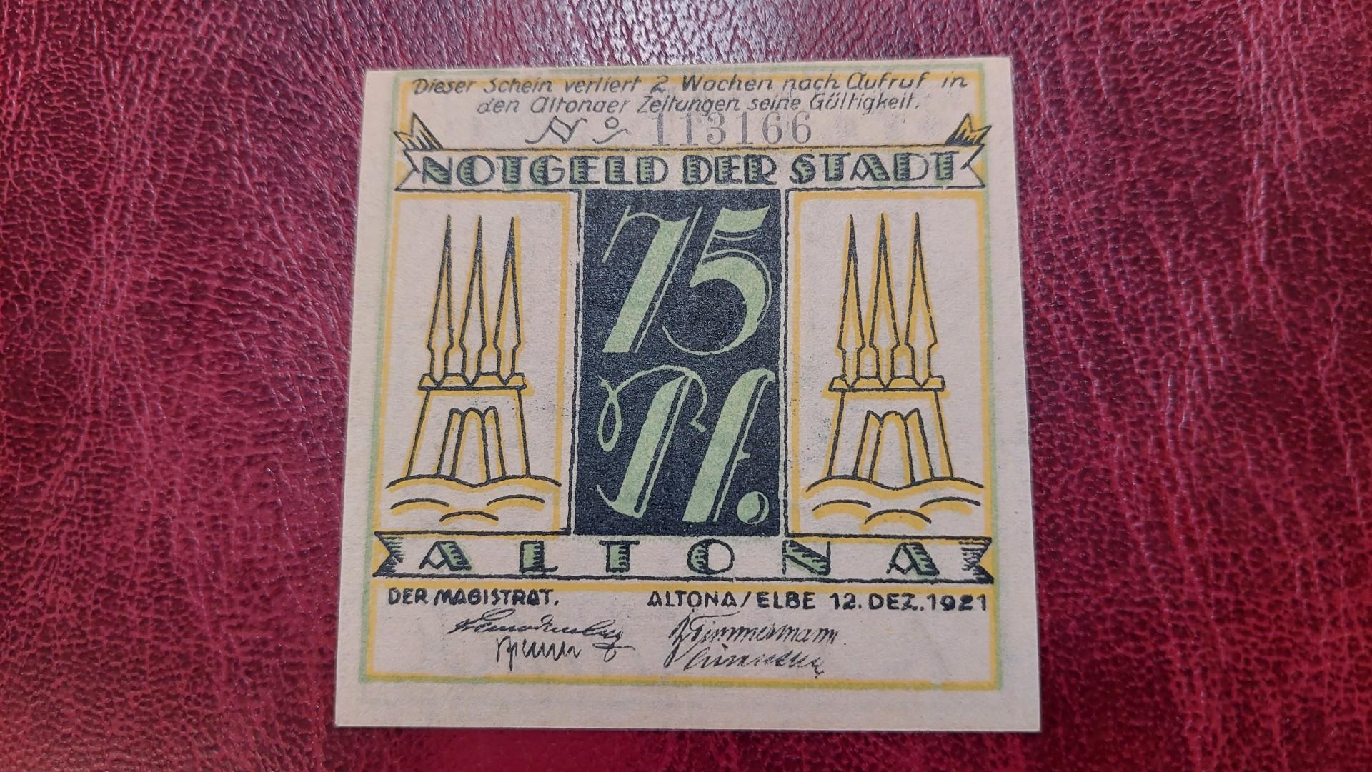 75 Pfennig 1921.12.12 Altona Notgeld Vokietija