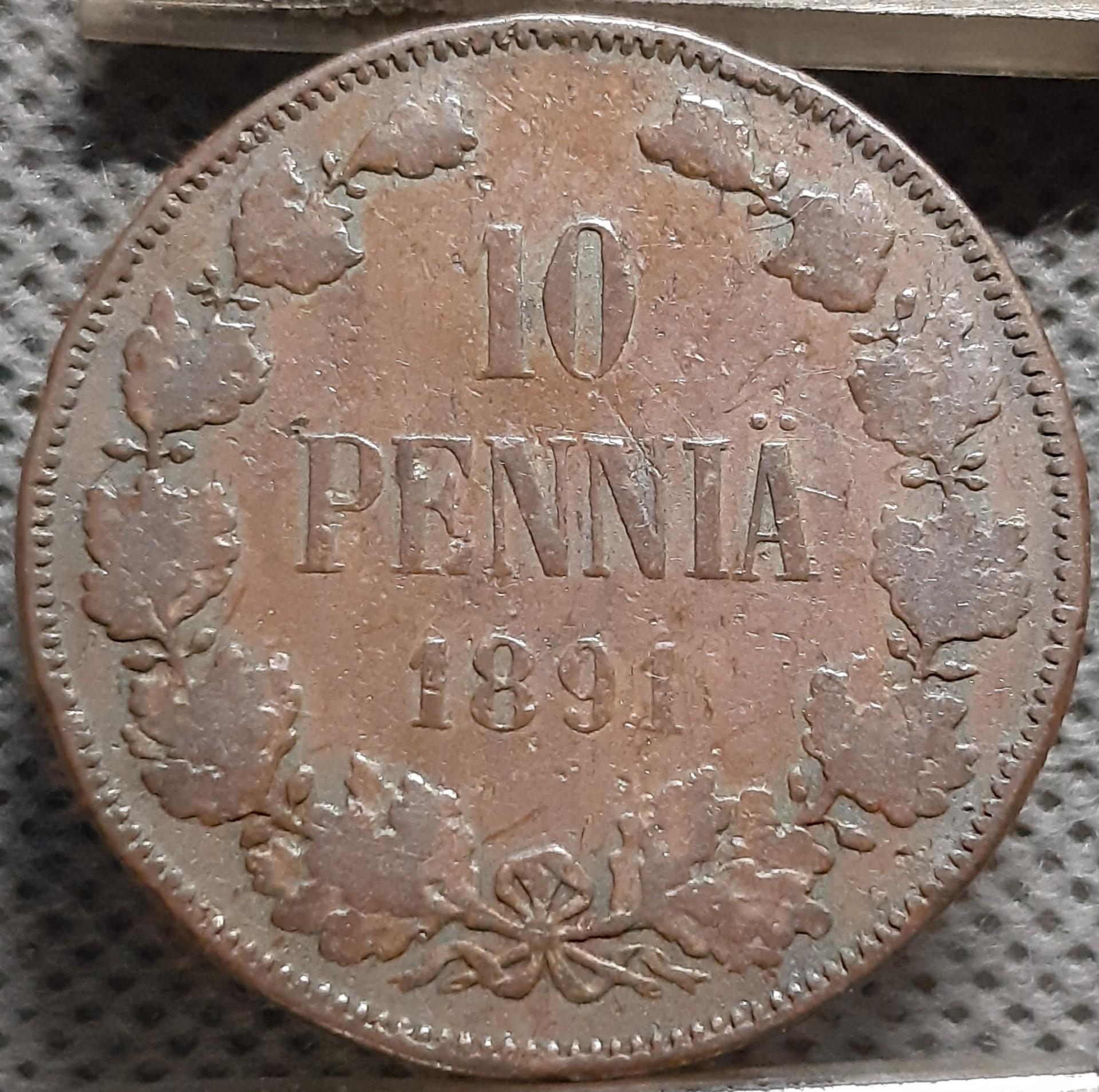 Suomija 10 Pensų 1891 Reta KM#12 Varis (3055)