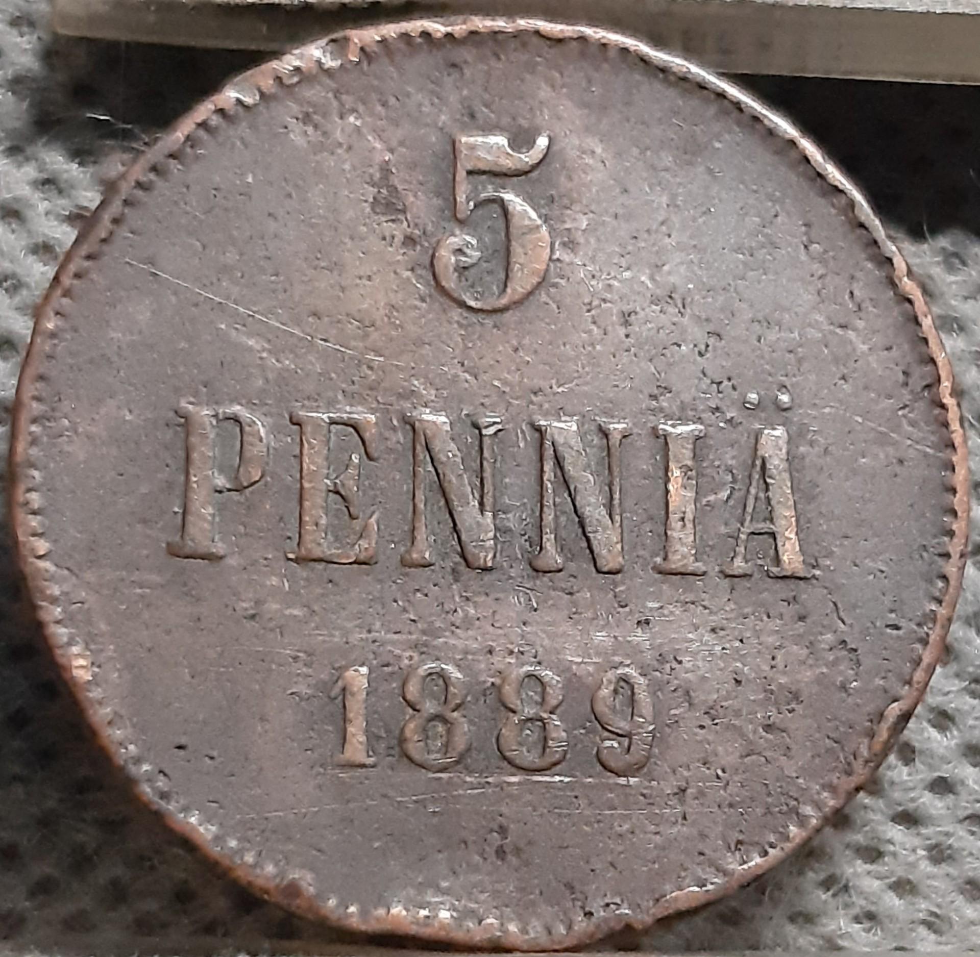 Suomija 5 Pensai 1889 KM#11 Varis (3063)