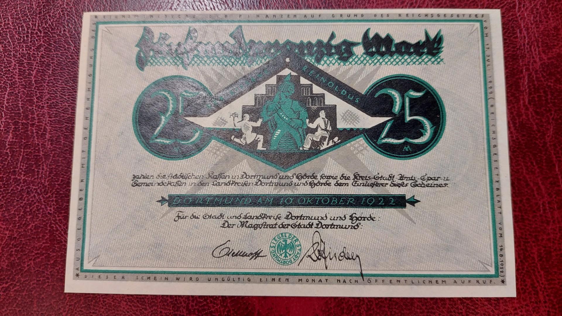 25 Mark 1922 Dortmund und Hörde Notgeld Vokietija