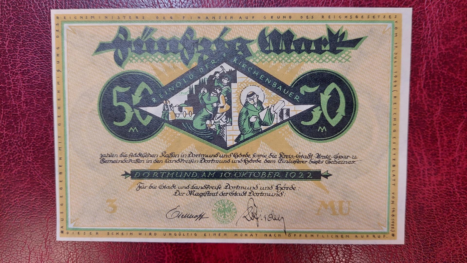 50 Mark 1922 Dortmund und Hörde Notgeld Vokietija